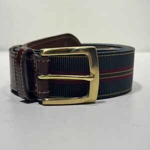 Trafalgar Green Striped Canvas Belt with Leather Tabs USA Mens 36 Brass Buckle